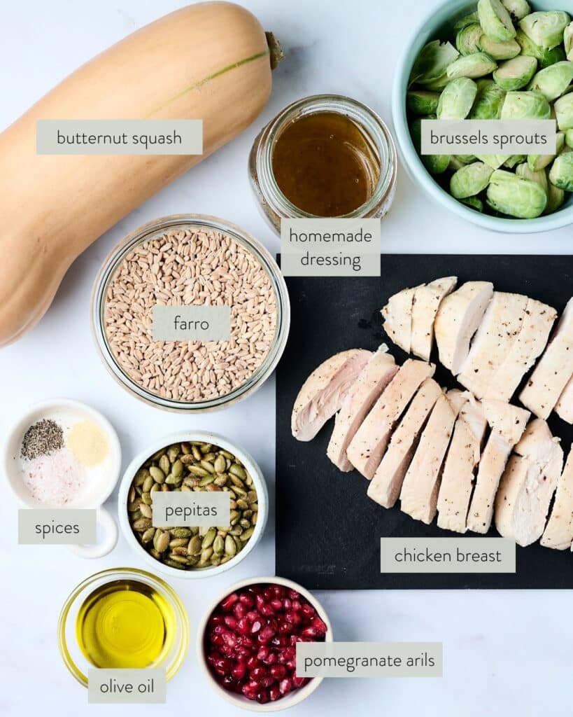 ingredients needed to make a harvest grain bowl recipe.