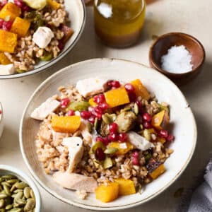 harvest grain bowl in a white bowl with ingredients around it.