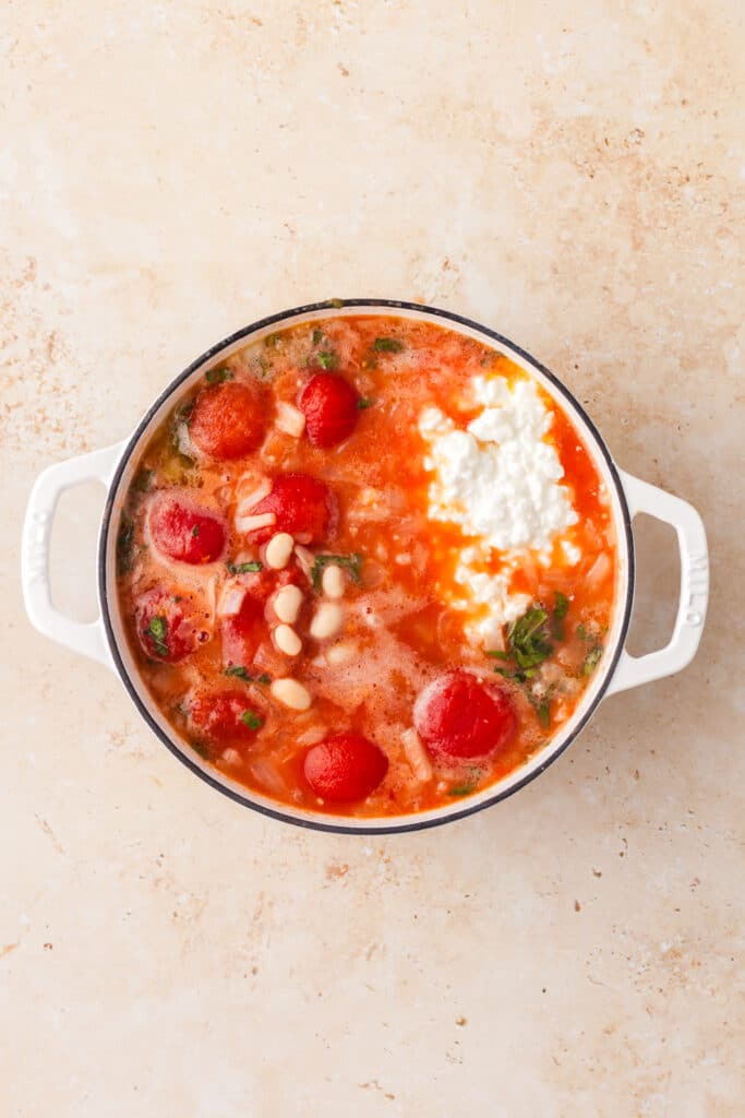 overview of ingredients in soup pot to make a tomato soup.