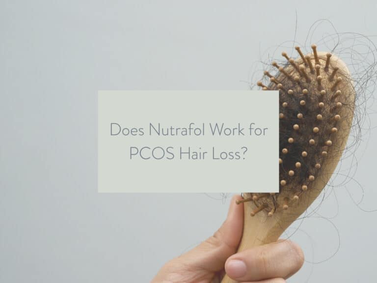 photo of a hair brush with lots of hair in it; text overlay states: does nutrafol work for PCOS hair loss?