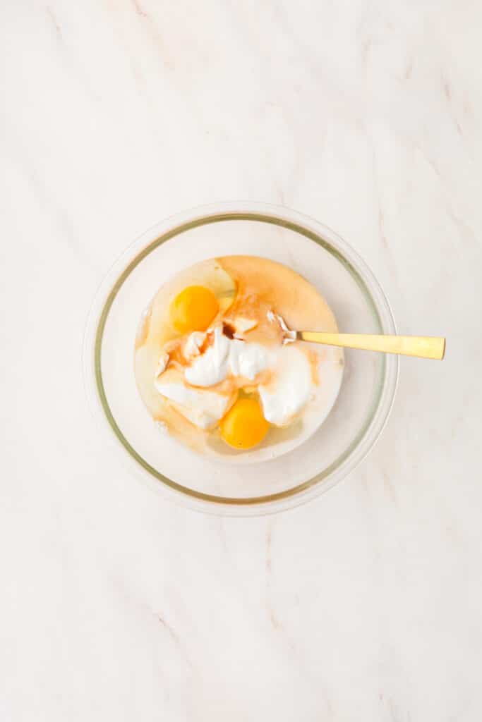 wet ingredients in a glass bowl.