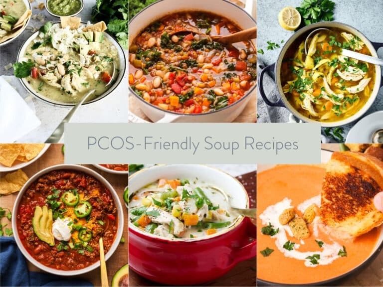 collage of pcos friendly soup photos with text overlay: pcos friendly soup recipes.