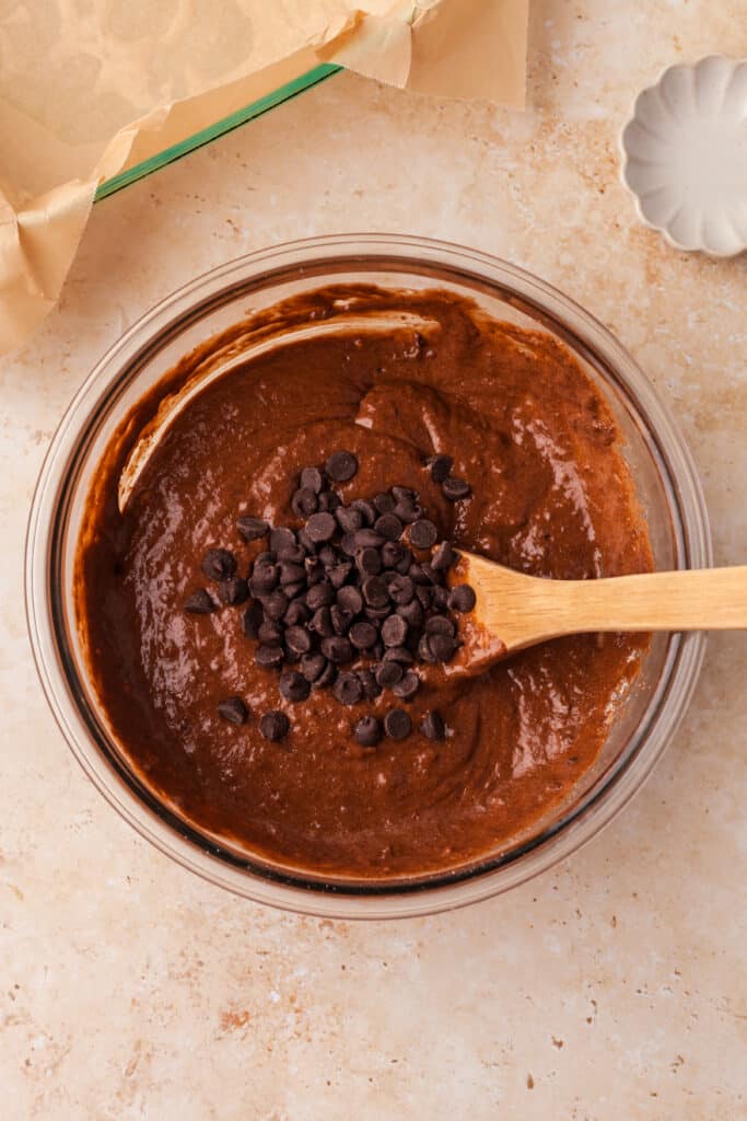 pcos brownie batter with dark chocolate chips in it.