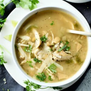 white chicken chili in a white bowl.