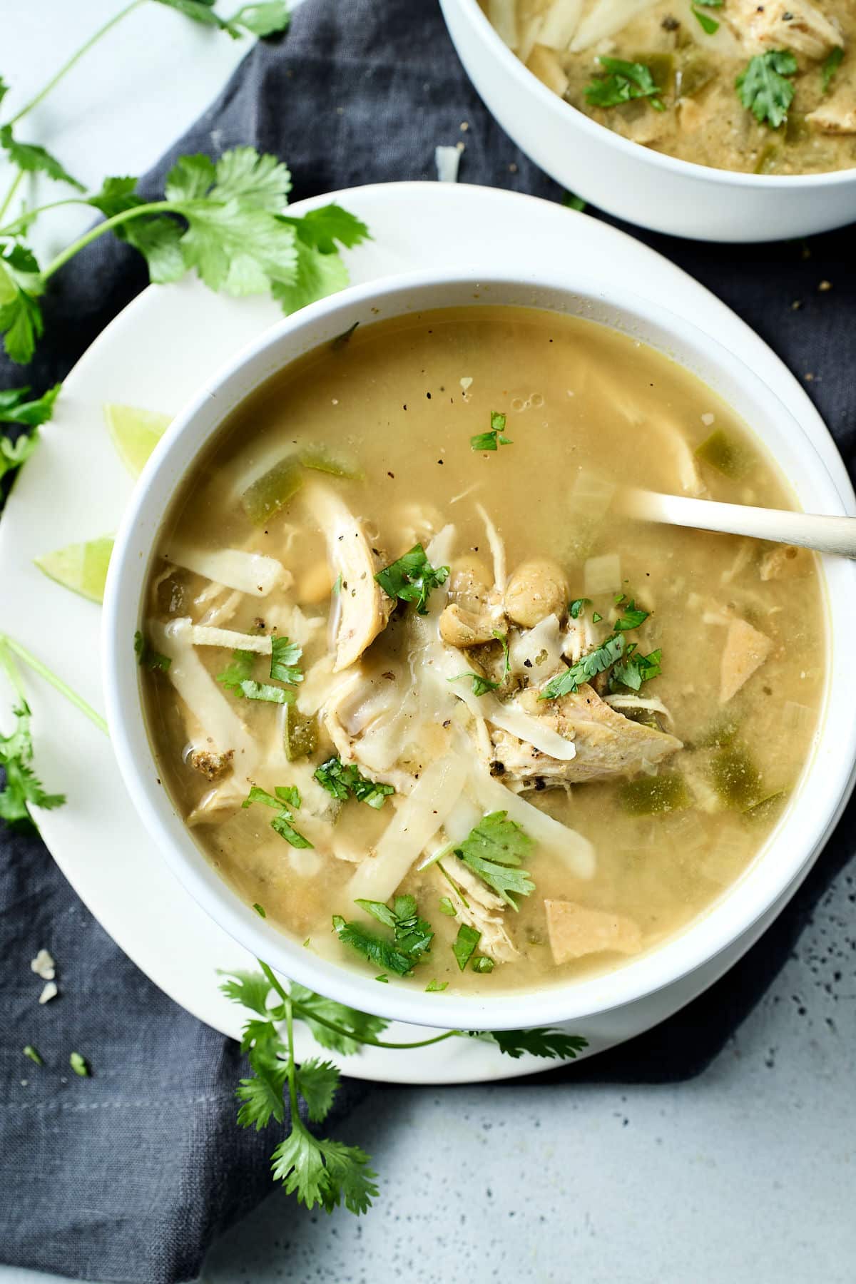 white chicken chili in a white bowl.