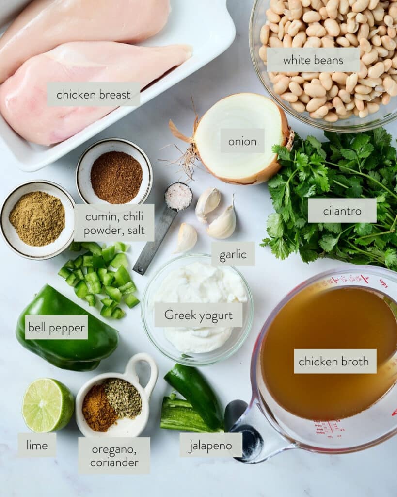 ingredients needed to make a white chicken chili freezer meal.