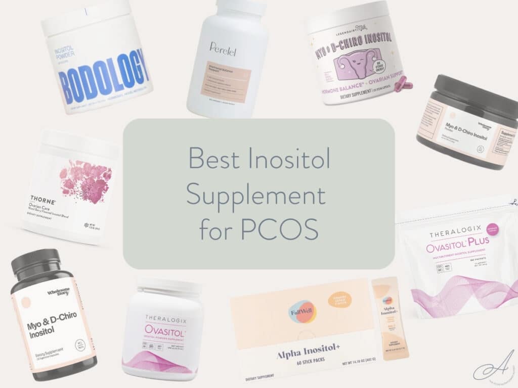 photos of various inositol supplements with text overlay: best inositol supplement for pcos.