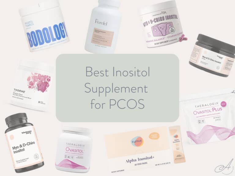 photos of various inositol supplements with text overlay: best inositol supplement for pcos.