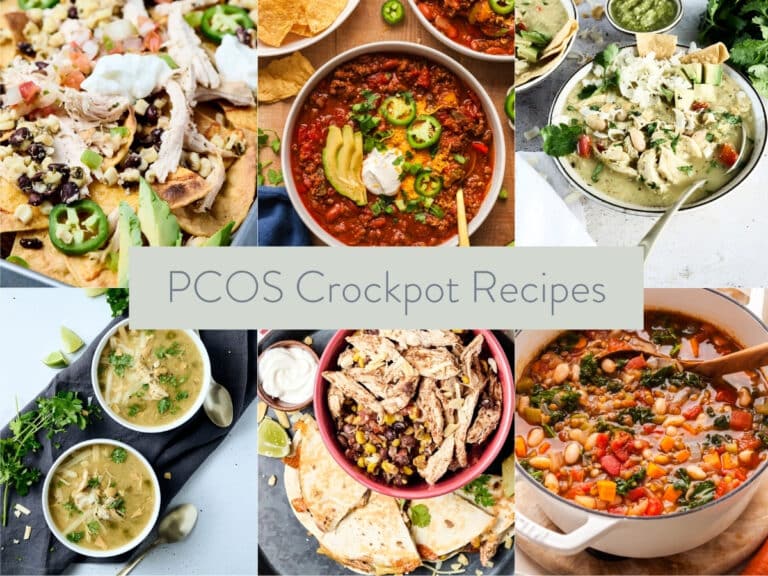 collage of different recipe photos; text overlay: PCOS crockpot recipes.