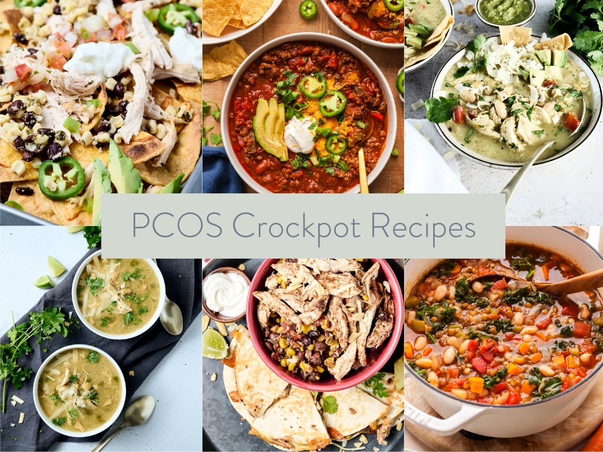 collage of different recipe photos; text overlay: PCOS crockpot recipes.