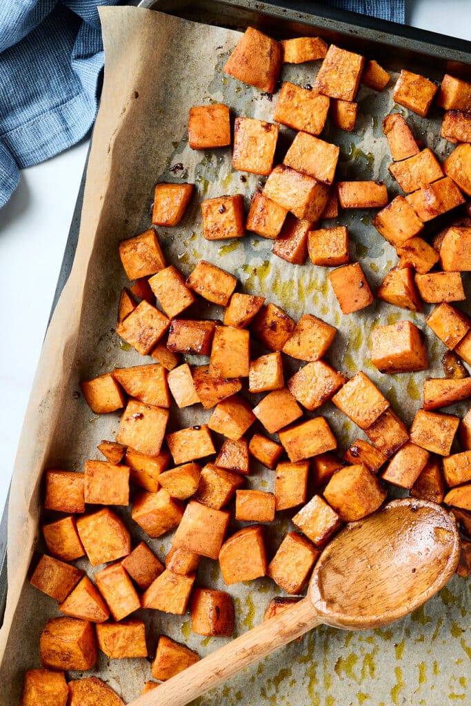 pcos sweet potato recipe on a baking sheet.