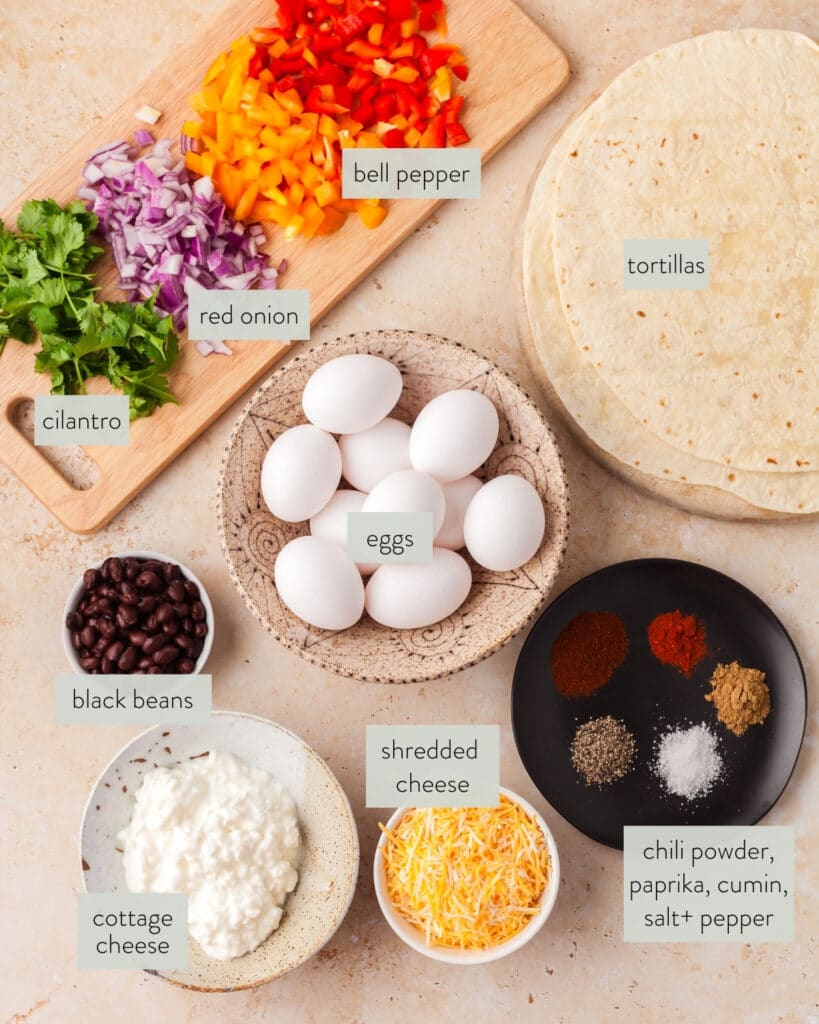 ingredients needed to make sheet pan breakfast burritos.