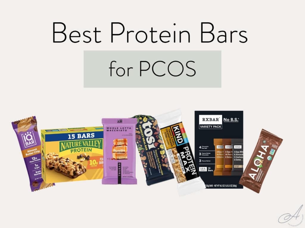 infographic with photos of some of the best protein bars for pcos.