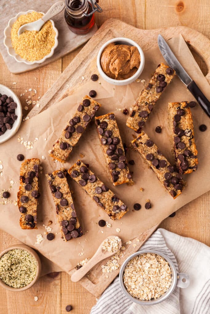 PCOS friendly granola bars cut up on parchment paper.