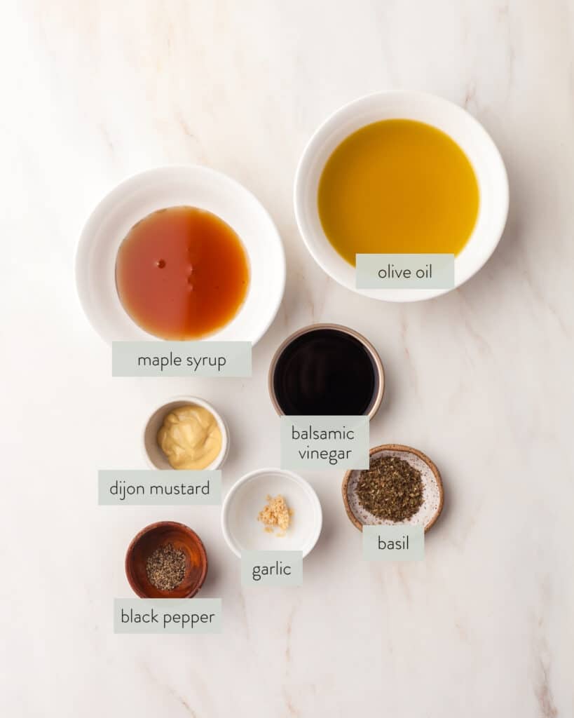 ingredients needed to make a pcos friendly maple balsamic salad dressing.
