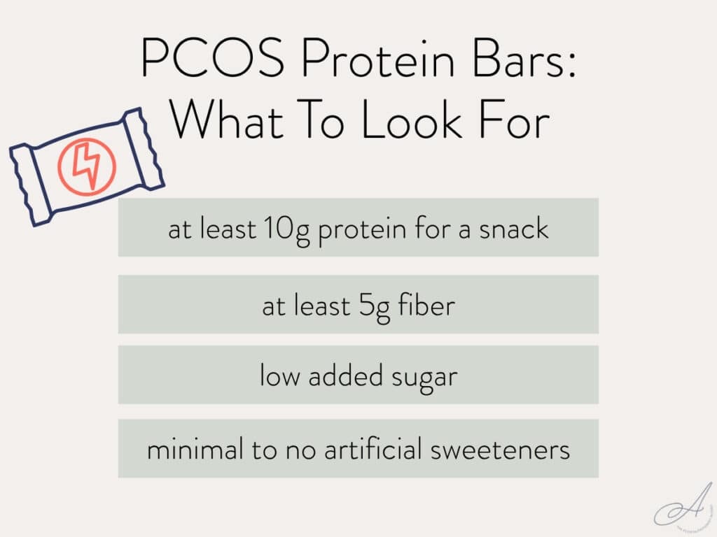 infographic of criteria to look for in a protein bar for pcos.