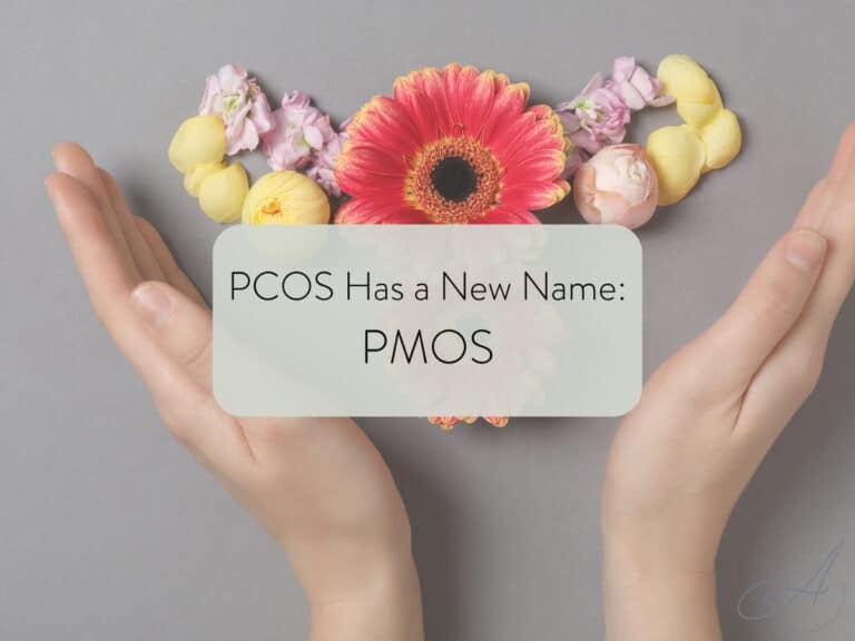 flowers in the shape of a uterus with hands cupping them; text overlay states "pcos has a new name: PMOS".