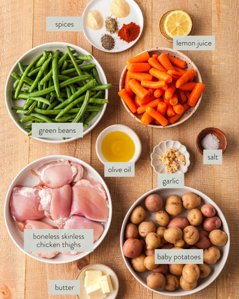 ingredients needed for crockpot chicken potatoes and veggies.