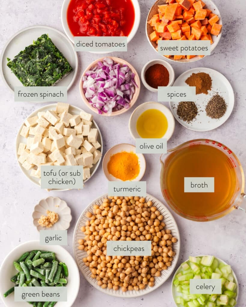 ingredients needed to make a crockpot golden chickpea and veggie soup.