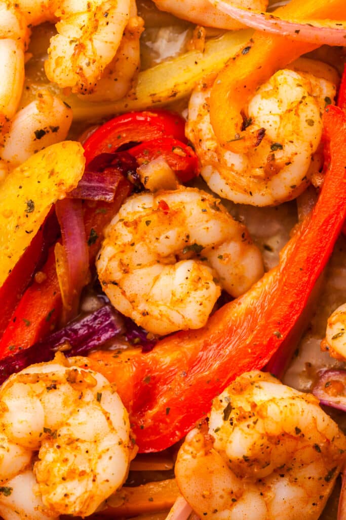 closeup photo of shrimp and bell peppers.