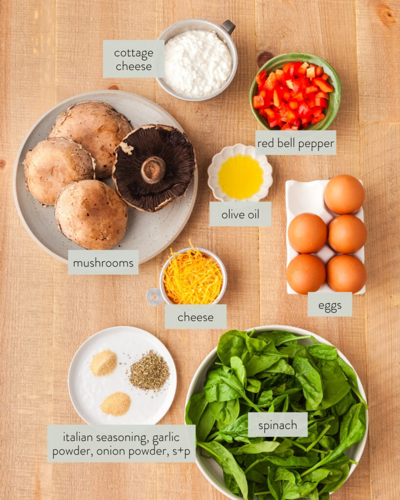 ingredients needed to make a high protein crustless quiche recipe.